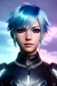 Placeholder: smirking Cyborg anime warrior, light blue hair, short and messy hairstyle, pierced ears, vibrant eye color, clear complexion waist up portrait, 8k resolution, intricate details, ornate details, soft lighting, vibrant colors, retroanime, masterpiece, intricate eyeliner, dark eyeshadow, eyes, intricate tattoos, futuristic cityscape background