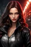 Placeholder: Young woman with long brown hair and red eyes, smirking, confident, a little evil looking, apocalyptic background, high quality, highly detailed, wearing black leather, 8k resolution, anime, digital art