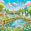 Placeholder: in the center: beautiful chunky cats dancing on a bridge , background: landscape, first plan: pink flowers and a small river with blue water, sky: white clouds with more cats sitting on them