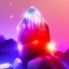 Placeholder: photograph of a (one massive colorful crystal:1.2) growing out of the rocky mountain, (focus on crystal:1.2), 4k, 8k, (highly detailed), ((landscape)),(translucent crystal:1.1), light going trough the crystal, bokeh, chromatic aberration, mountain view, blue and pink background