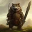 Placeholder: A warrior with a face of aggressive wolf carrying sword and hammer in scary place