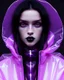 Placeholder: painting by koson ohara and marta bevacqua, portrait of a beautiful goth woman with long black hair, wearing a plastic raincoat, purple neon lighting, 8k, high quality, highly detailed