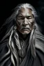 Placeholder: a photo of an Native american indian man with ethnic jewelry, grey hair and grey flowing robe, in style of Annie Leibovitz, contemporary portrait of a mature yet beautiful and modernist man, black and grey, detailed masculine face, swirling fluid smokey enigma, award-winning artwork