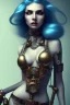 Placeholder: steampunk, body, women, rendering, blue hair, complex pipes background, highlights