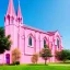 Placeholder: concept art, concept design, decor, cathedral church building with pink walls, church exterior, pink exterior, aesthetic, countryside landscabe bqckground, natural blue sky