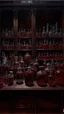 Placeholder: A dark brownish scarlet laboratory with demented vials painted by Henri-Robert Bresil