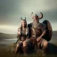 Placeholder: Viking theme, a younger woman sitting next to a 50-year-old man, portrait, 8K, close-up face, anatomically perfect face, Highly detailed stunning full frame portrait, misty and cloudy atmosphere