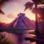 Placeholder: Chichen Itza, sunset, rainbow sunset, waterfall, palms, twigs, spring, sunset rainbow, bridge flying birds, unreal engine 5, cinematic lighting, realistic, hyper detailed, 8k, octane render