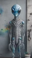 Placeholder: a beautiful gray alien body details standing by a wall front view scared