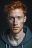 Placeholder: ginger 32 years old man, face with freckles. blue eyes, beautiful lips. Contemporary artist. make light for installations.. In a black hoodie. Earring on the right ear. Looks like in a depression. cinematic portrait