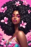 Placeholder: create a psychedelic digital enhance cartoon art style image with exaggerated features, 2k. cartoon image of a curvy size black female looking off to the side with a large thick tightly curly asymmetrical afro. Very beautiful. With pink and white plumeria flowers