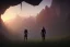 Placeholder: small dark elf man, big black cat standing near the drow watching sunset, fantasy, forest, sunset, mystic, fog render unreal, cave exit, mountain, 2 scimitars, big landscape, green hood,