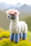 Placeholder: little wool toy alpaca back view light blue and mountains
