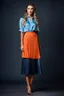 Placeholder: full body of very beautiful lady midi blue pleated skirt and orange bluse , Braided hair ,standing idle happy pose in studio pretty makeup,dark background