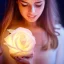 Placeholder: luminous rose in moonlight glow being held by a gorgeous woman