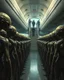 Placeholder: Bosch painting style ,nightmare, a lot of aliens prisoners in rows with hands tight to the back and heads down are taken to a stair of a commercial airplane arms surrounded by guards with in the background