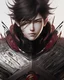 Placeholder: Detailed anime boy, dark brown hair, black and red dragon scale armour, intricate details, full body portrait, keep head in frame, slight smile, black Japanese motif, concept art, highly detailed, digital painting, concept art, sharp focus, illustration, art by Yoji Shinkawa, WLOP and greg rutkowski and alphonse mucha and artgerm and yanjun Chen and Junji ito and Makoto Shinkai, HDR, octane render