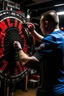 Placeholder: A men shoot darts on a winmau board