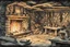 Placeholder: ink wash and watercolor illustration of the highly detailed, dark interior of an historically correct 18th century rough hewn New England clapboard cabin, with a dry laid stone hearth , rustic furniture , kitchen utensils, candles, hanging herbs , curing game meat, in the comic book style of Bill Sienkiewicz and Jean Giraud Moebius ,rich earth tone colors,