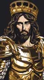 Placeholder: Jesus Christ is wearing a golden knight armor and has an tense expression .