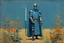 Placeholder: Euan Uglow oil painting, Otherworldly, 1970s dark fantasy paper book cover. the knight of blue and flowers standing with his weapon posing for painting