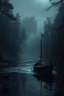 Placeholder: fiume in una foresta oscura con barca antica romana e una creatura gigante sullo sfondo in mezzo agli alberi