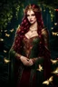 Placeholder: Burgundy hair, dark hair,dark red , rapunzel hair,very long hair,dark fairy princess,elven crown,night,dragonflies,beautiful,ong ashes,golden armor ,sparkle,night blooming,ivy,dark green,lilly of valley,golden elven crown,elven warrior,dark gold armor,extremely long hair