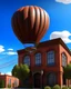 Placeholder: A photorealistic picture of a hot air balloon flying over the building shown in the picture