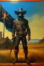 Placeholder: 1970's dark fantasy cover dnd style oil painting of a chicken cowboy at the country from uruguay with the flag of uruguay with minimalist far perspective.