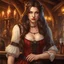 Placeholder: An arrogant looking young woman with pale skin and long brown hair in a fantasy tavern setting with intricate details. She is smirking, a tavern wench, has red eyes, an air of malevolent power surrounds her. High definition.