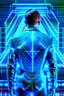 Placeholder: cyberpunk, neon blue, triangle of light behind the back, cyber suit, geometric patterns on a suit, male