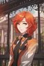 Placeholder: Woman with red-orange hair, vivid orange eyes, wearing a fancy suit, mansion background, RWBY animation style