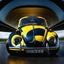 Placeholder: a high definition screen shot of a jet-fighter vw-beetle, retrofuturistic, phototrealism, in flight, one subject, should have wings with atleast one exposed jet on each wint or one coming throught thr front and center of the vehicle.