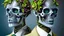 Placeholder: Surreal Couple Made Of Metal Skeletons With Flowering Vines Growing Through; Wearing Blue Gray Green Striped Business Suits With Paisley Shirts And Ties; Surreal, Intricately Detailed, Beautiful, Colorful