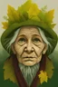 Placeholder: planet earth as an old woman. front facing. the face has the texture of roots. leaves, cobwebs. very smooth colors, forest green and yellow. bordeaux. fog, mist