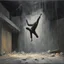 Placeholder: Minimal abstract oil painting of a falling person limbs sinew. Amongst concrete fragments brutalist architecture and hanging wires illuminated at night. In the style of Justin Mortimer and Phil Hale and Ashley Wood