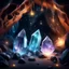 Placeholder: Hyper Realistic big glowing crystals with fireflies in a cave at night