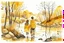 Placeholder: young brunette woman and boy friends walking next to a pond in an autumn forest watercolor and ink in ochre, golden glitters