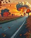 Placeholder: nuclear explosion's mushroom cloud in the distance, add leaves falling in foreground, digital painting