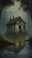 Placeholder: A swamp surrounded by bamboos long trees in cloudy, depressing, foggy, with a dark light at night in the distance , there is an abandoned cottage of an old house covered with leaves. A light inside the house though the window, Bruegel painting style