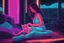 Placeholder: black light art, neon lines, contented brunette woman with fluffy kitten seeking something in the distance