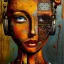 Placeholder: an abstract painting oil in canvas of rusted metal and flowers of busty female Robot, rust, scaffolding, iron cladding, decay, mixed media, textured, anatomically correct, beautiful perfect face, sharp focus, highly detailed, masterpiece, realistic, intricate detail, sci-fi fantasy style, volumetric lighting, particles, highly detailed ,cinamatic , deep colours, 8k, by Leonardo da Vinci , signed YAK