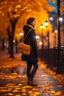 Placeholder: night yellow lights over the street trees autumn leaves under feet ,a Student adult girl with books in her hand walking in street looking to camera