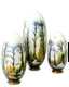 Placeholder: White foggy treetops with birds designed in Matryoshka dolls painted by Paul Cezanne