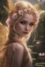 Placeholder: Pointed elven ears,Blonde hair ,Pink dress,Sparkling fairy wings,Very long golden hair,Fairy crown,pointed ears,elven ears,fairy wings,water lilies,sparkling,glittering,flowers,blossoms,golden crown,light pink dress