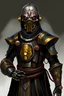 Placeholder: Portrait of a robotic warforged doctor wearing a tribal mask. The strange, slightly intimidating mask sits on a figure standing 6'5'' who is wearing a dark traveling cloak with a bound tome at their waist. This robotic warforged with black coloring and gold accents. Their dark and shiny metallic surfaces appear dignified and well kept, but also show signs of years of wear and scratches. The tribal mask is brightly colored with red and white and displays feathers and gemstones.