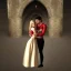 Placeholder: A photo realistic portrait of a stunning blonde girl and muscular dark haired man in a lovers embrace standing in front of a medieval castle