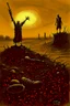 Placeholder: zombie priest being sucked down into a tar pit at sunset only head and one arm above the tar, raising an arm holding a bible, modern stylish oil painting, by Ted McKeever style, by Zdzislaw Beksinski, ink wash mind-bending illustration, dark shine, by VS Gaitonde