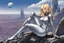 Placeholder: woman in an android-looking catsuit, with shoulder-length blond hair, sitting on a rock, sideways, with a planet behind her, a futuristic city on the horizon