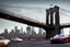 Placeholder: A Tesla's 'Model 3' is parked, on the 'Brooklyn Bridge' in New York. CINEMATIC. WIDE ANGLE LENS. PHOTO REAL.